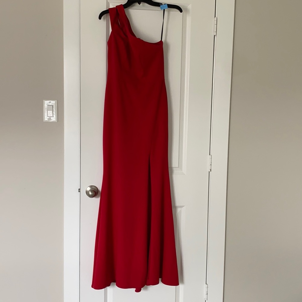 Xscape one shoulder cutout crepe scuba gown red